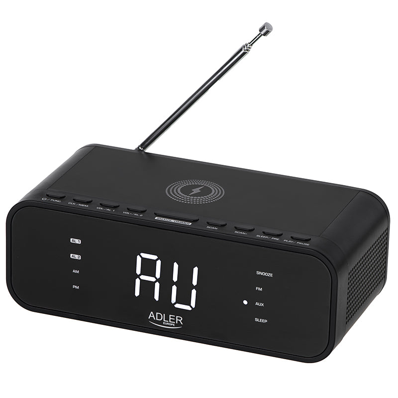 Radio cu ceas negru Adler AD 1192 cu Bluetooth, radio FM, alarma si incarcare wireless