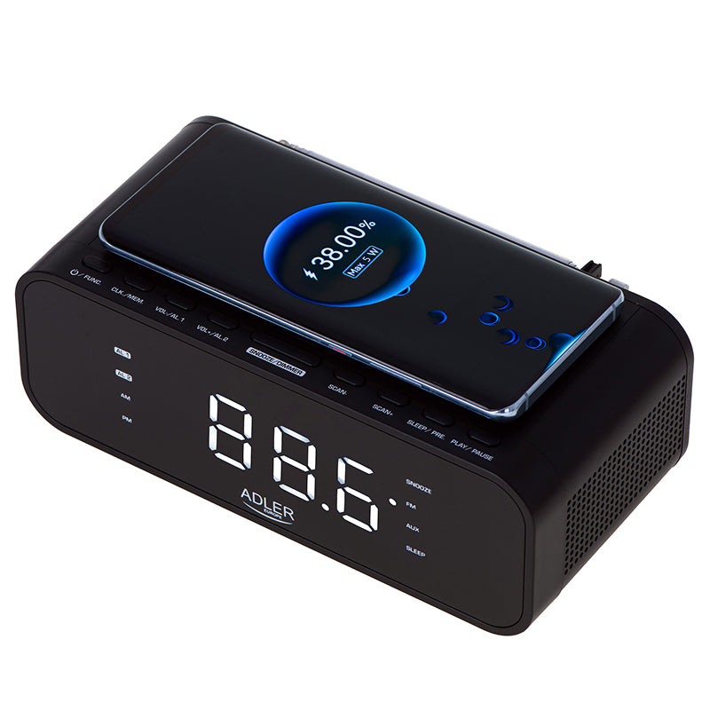 Radio cu ceas negru Adler AD 1192 cu Bluetooth, radio FM, alarma si incarcare wireless