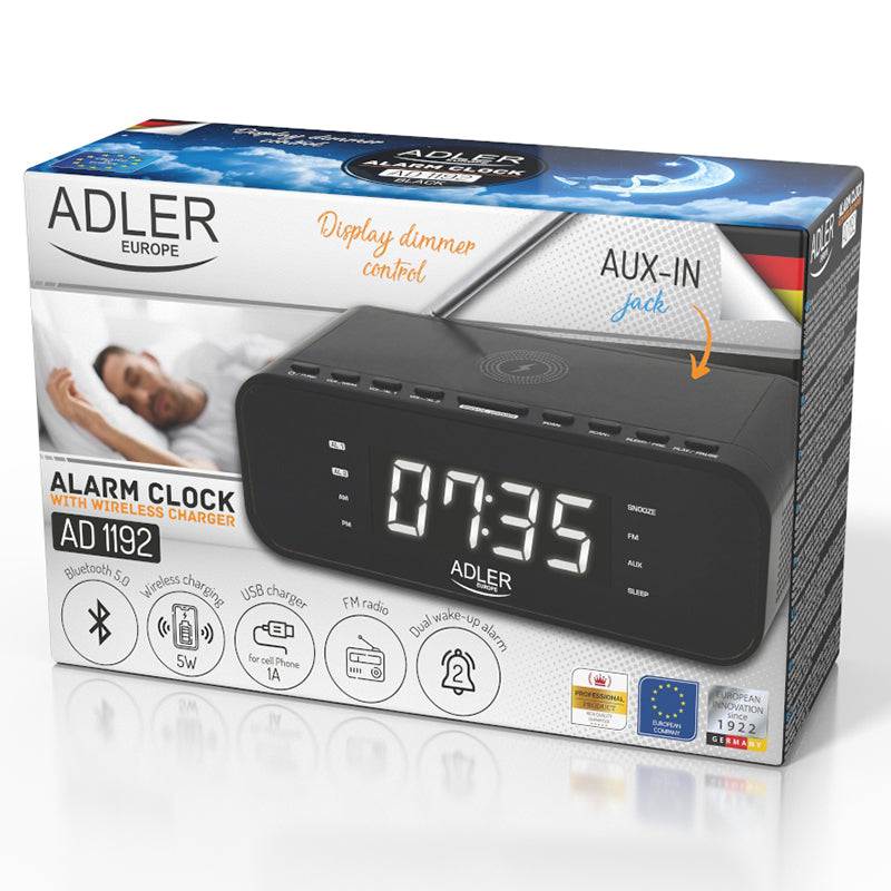Radio cu ceas negru Adler AD 1192 cu Bluetooth, radio FM, alarma si incarcare wireless