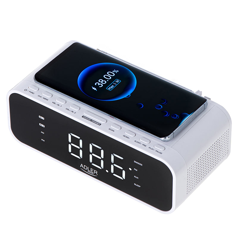 Radio cu ceas alb Adler AD 1192 cu Bluetooth, radio FM, alarma si incarcare wireless