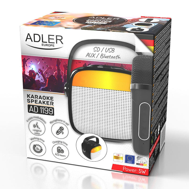 Difuzor Karaoke cu Microfon Negru Adler AD 1199 cu Bluetooth, baterie reincarcabila, AUX si USB