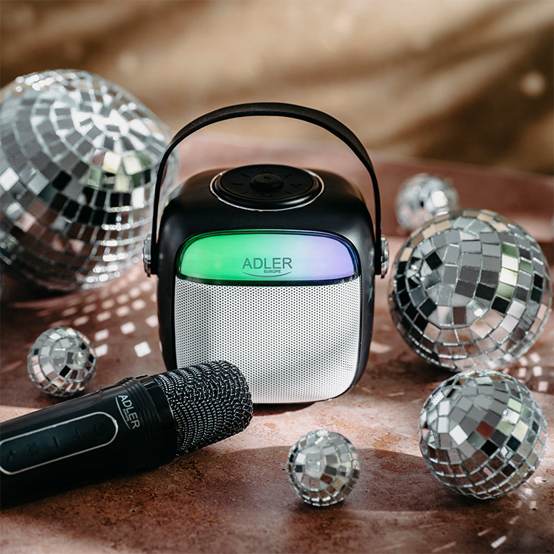 Difuzor Karaoke cu Microfon Negru Adler AD 1199 cu Bluetooth, baterie reincarcabila, AUX si USB