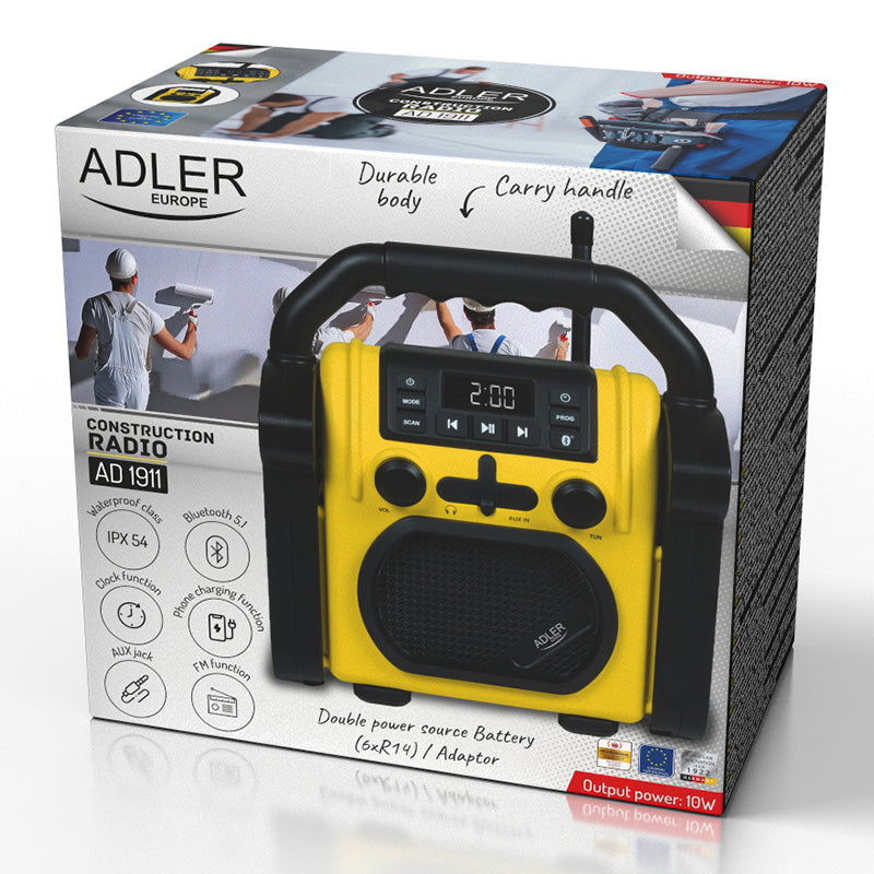 Radio portabil IPX54 Adler AD 1911 cu Bluetooth, radio FM, baterie reincarcabila si AUX