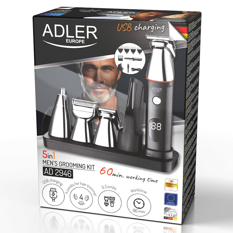 Set 5 in 1 Trimmer cu afisaj Adler AD 2946 cu afisaj LED, baterie 600 mAh si USB