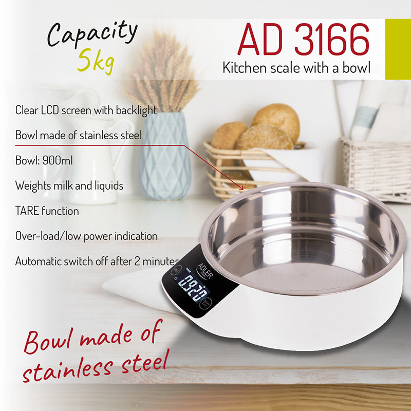 Cantar Bucatarie cu Bol Metalic Adler AD 3166 cu DAB+ si baterie reincarcabila