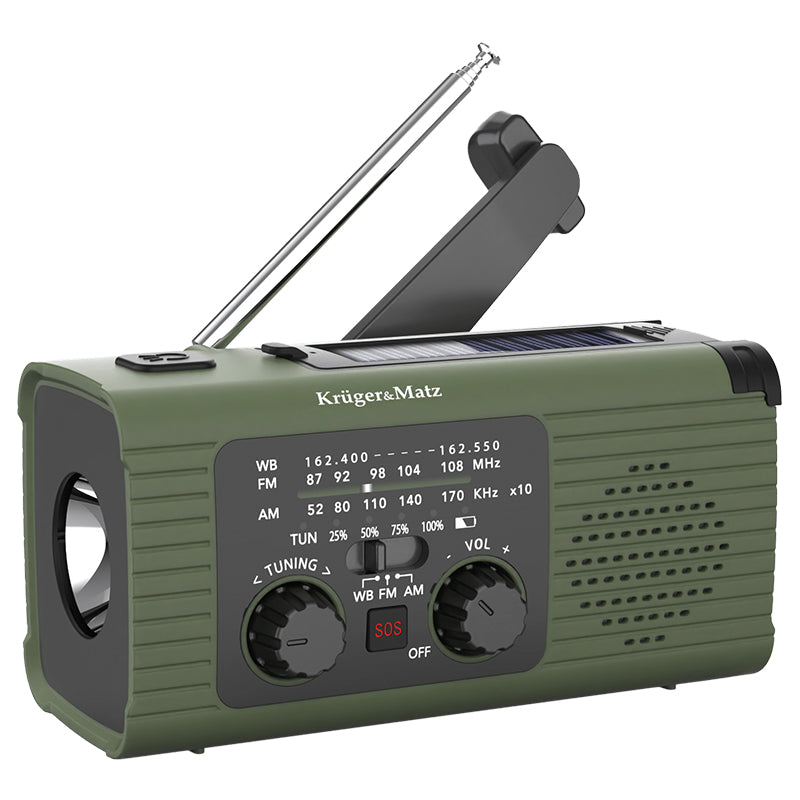 Radio Multifunctional Solar Kruger&Matz, Powerbank 5000 mAh, Lanterna, Lampa de Lucru, SOS, AM/FM/WB