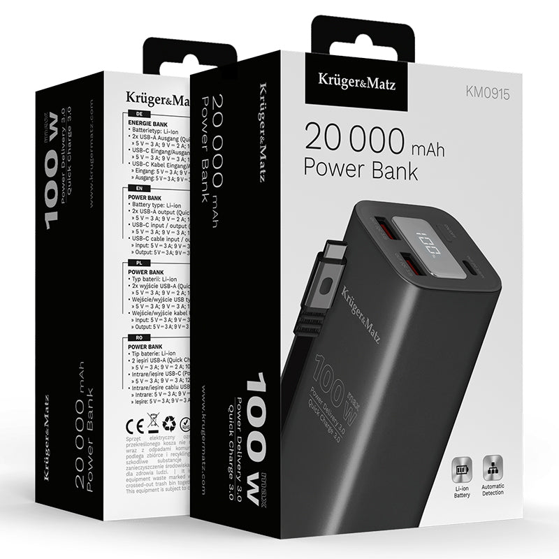Power mAh Li-ion Qc Pd & Kruger Bank 20000 cu afisaj LCD, baterie 20000 mAh si USB