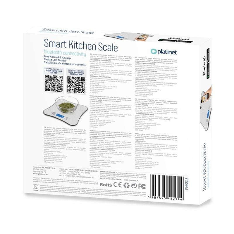 Cantar Bucatarie Smart Platinet Pnks 18 cu Bluetooth, DAB+ si baterie reincarcabila