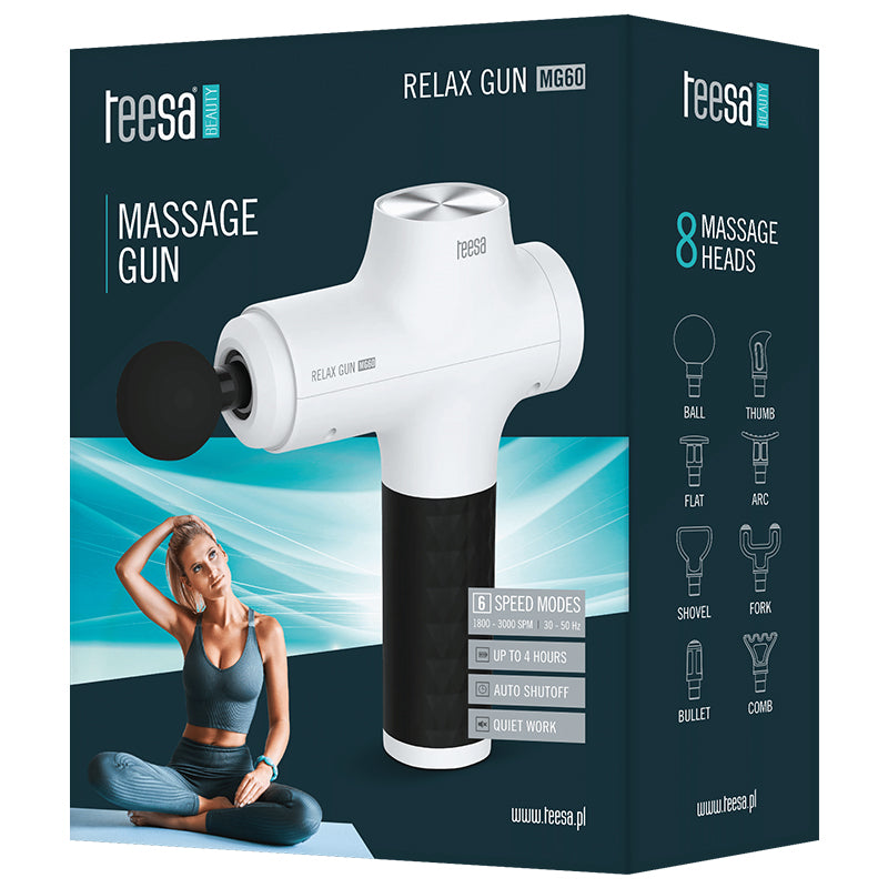 Aparat Masaj Tip Pistol Relax Gun Alb Teesa Mg 60 cu baterie 1800 mAh si USB