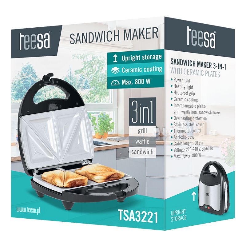 Sandwich Maker 3 in 1 Ceramic Teesa Tsa 3221 cu DAB+