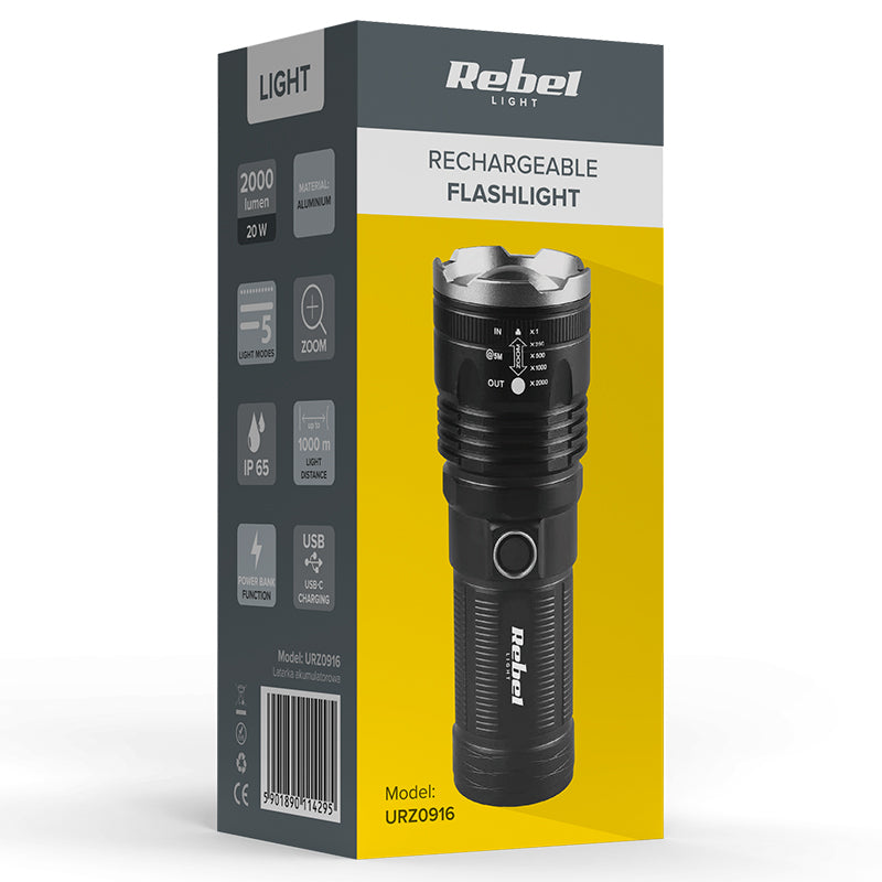 Lanterna Aluminiu 2000lm Rebel LED 20W cu baterie 4500 mAh si USB