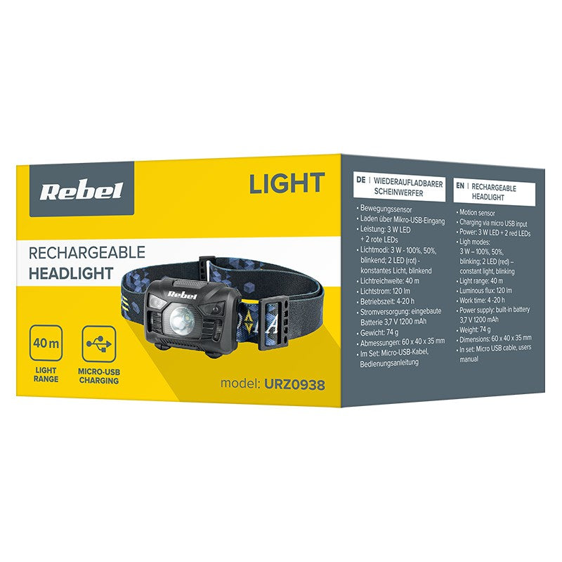 Lanterna Frontala LED Rebel Accu 120lm cu baterie 1200 mAh si USB
