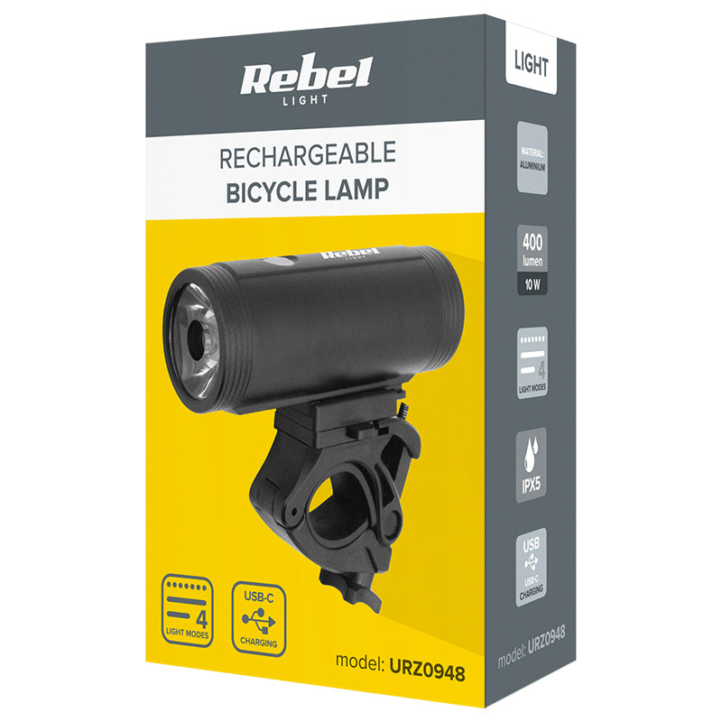 Lanterna Bicicleta cu Acumulator 18650 Rebel Urz 0948 cu baterie 2000 mAh, USB si Rezistenta la Apa