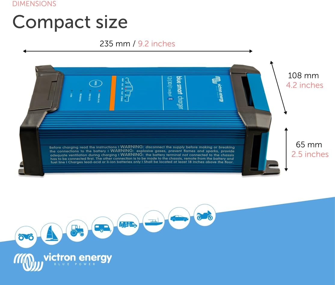 Victron Energy Blue Smart IP22 Smart Car Battery Charger 12V 30A, Trickle Charger for Car Battery and Desulfator for Motorcycle, ATV, RV, Lithium and Deep Cycle Batteries