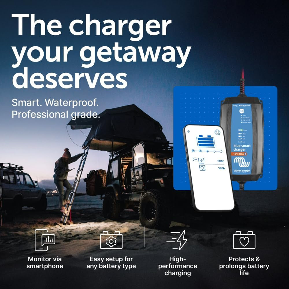Victron Energy Blue Smart IP65 Smart Car Battery Charger 12V 10A, Trickle Charger for Car Battery and Desulfator for Motorcycle, ATV, RV, Lithium and Deep Cycle Batteries