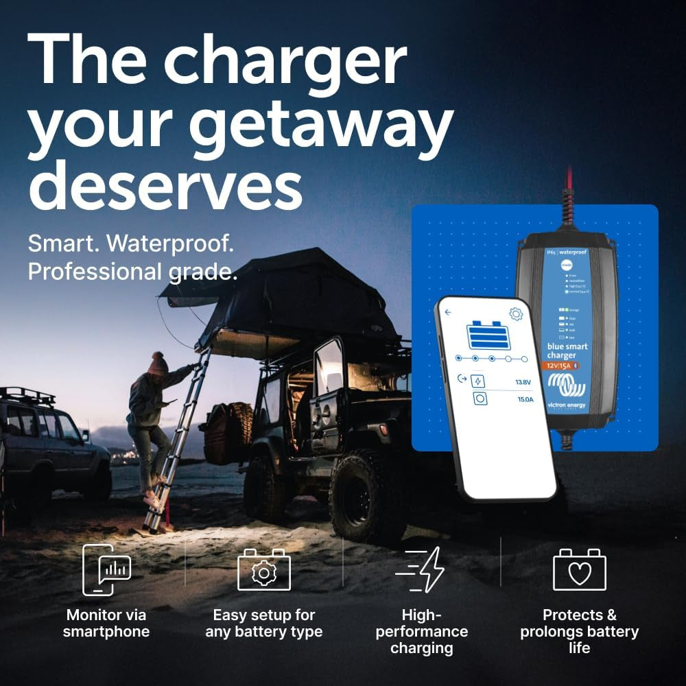 Victron Energy Blue Smart IP65 Smart Car Battery Charger 12V 15A, Trickle Charger for Car Battery and Desulfator for Motorcycle, ATV, RV, Lithium and Deep Cycle Batteries