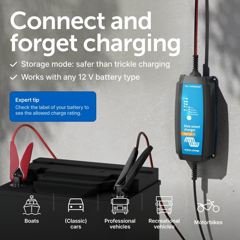 Victron Energy Blue Smart IP65 Smart Car Battery Charger 24V 5A, Trickle Charger for Car Battery and Desulfator for Motorcycle, ATV, RV, Lithium and Deep Cycle Batteries