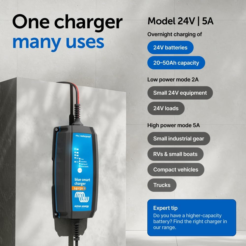 Victron Energy Blue Smart IP65 Smart Car Battery Charger 24V 5A, Trickle Charger for Car Battery and Desulfator for Motorcycle, ATV, RV, Lithium and Deep Cycle Batteries