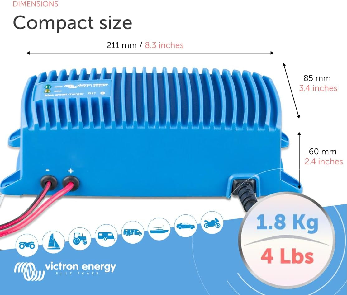 Victron Energy Blue Smart IP67 Smart Marine Battery Charger 12V 7A, Trickle Charger and Desulfator for Boat, ATV, RV, Lithium and Deep Cycle Batteries