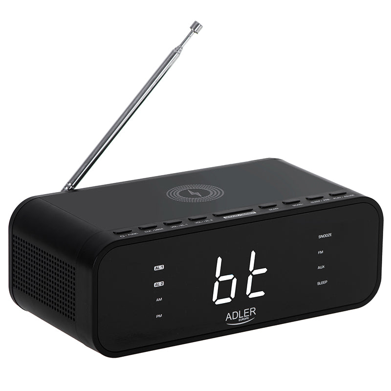 Radio cu ceas negru Adler AD 1192 cu Bluetooth, radio FM, alarma si incarcare wireless