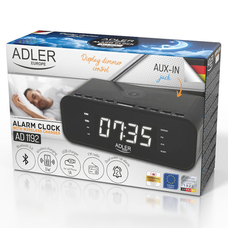 Radio cu ceas negru Adler AD 1192 cu Bluetooth, radio FM, alarma si incarcare wireless