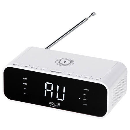 Radio cu ceas alb Adler AD 1192 cu Bluetooth, radio FM, alarma si incarcare wireless