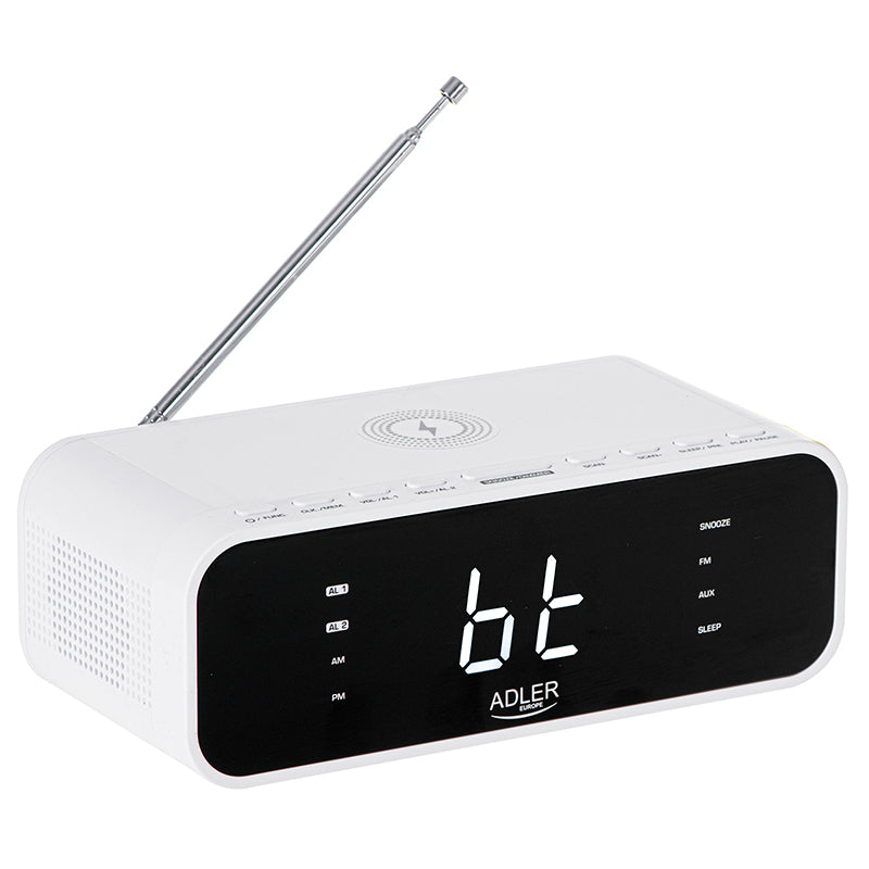 Radio cu ceas alb Adler AD 1192 cu Bluetooth, radio FM, alarma si incarcare wireless