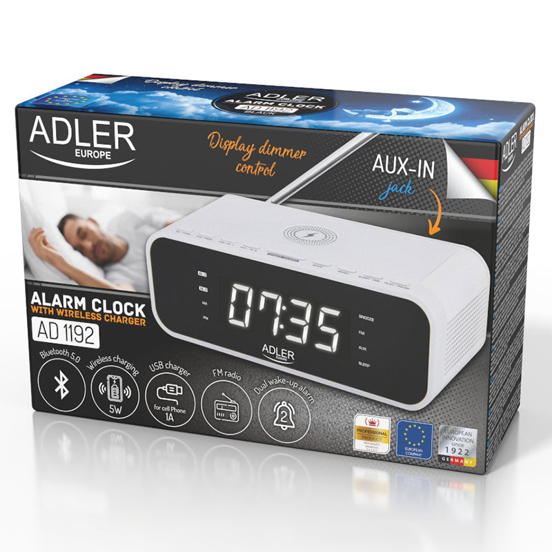 Radio cu ceas alb Adler AD 1192 cu Bluetooth, radio FM, alarma si incarcare wireless