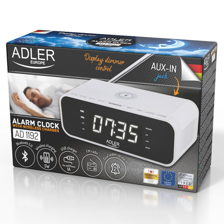 Radio cu ceas alb Adler AD 1192 cu Bluetooth, radio FM, alarma si incarcare wireless