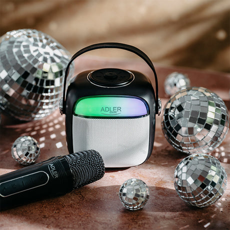 Difuzor Karaoke cu Microfon Negru Adler AD 1199 cu Bluetooth, baterie reincarcabila, AUX si USB