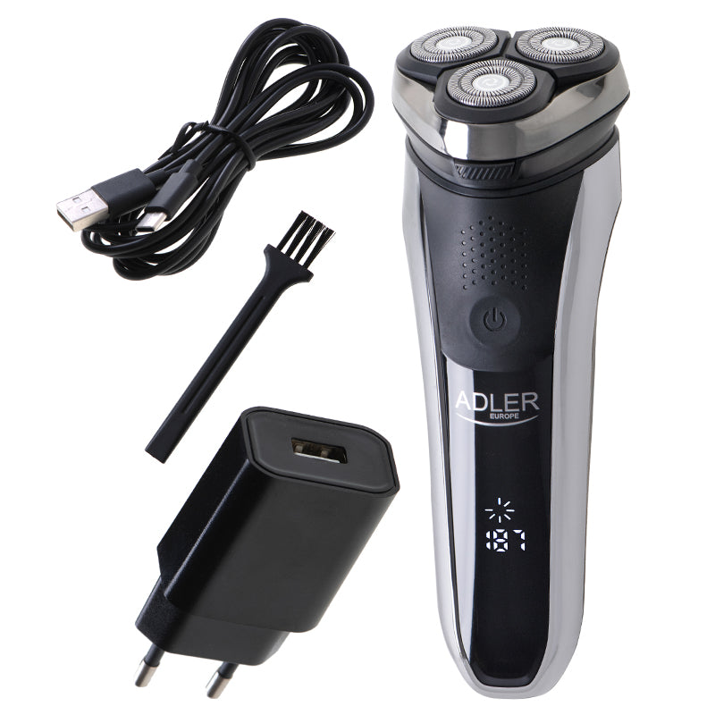 Aparat de Ras Rotativ 3 Capete Adler AD 2933 cu afisaj LCD, baterie 2000 mAh, USB si Rezistenta la Apa