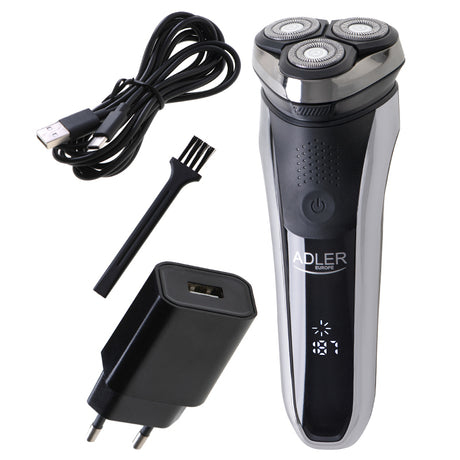 Aparat de Ras Rotativ 3 Capete Adler AD 2933 cu afisaj LCD, baterie 2000 mAh, USB si Rezistenta la Apa