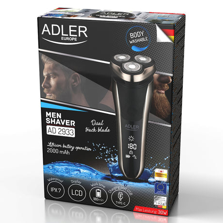 Aparat de Ras Rotativ 3 Capete Adler AD 2933 cu afisaj LCD, baterie 2000 mAh, USB si Rezistenta la Apa