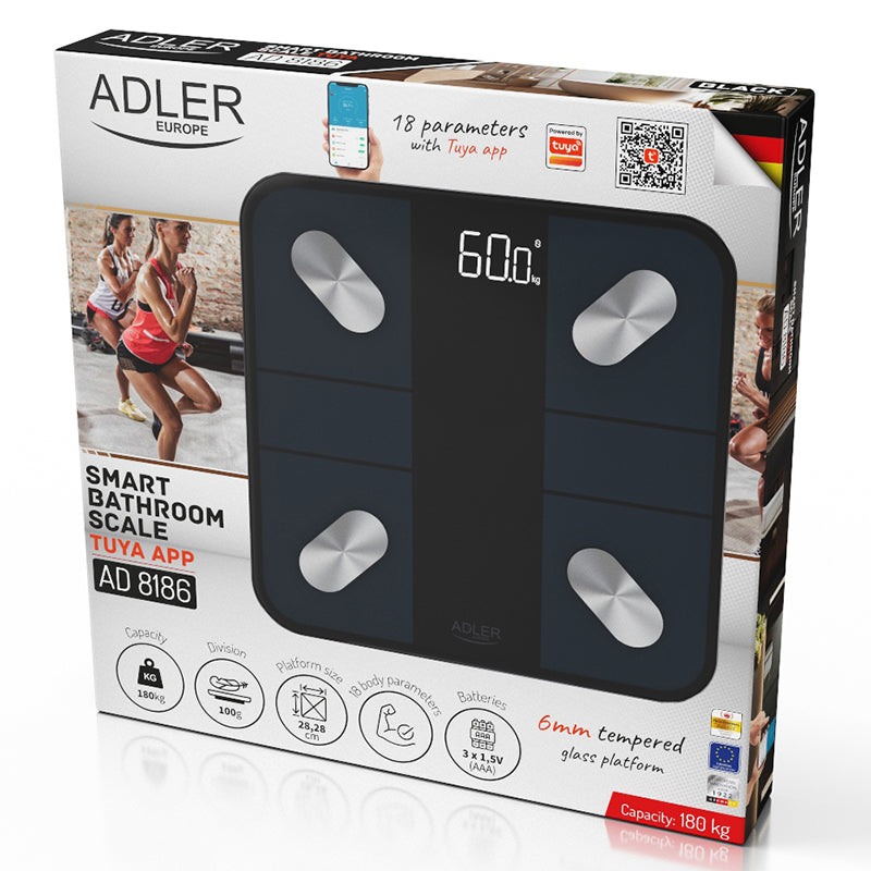 Cantar Smart Tuya Negru Adler AD 8186 cu Bluetooth, afisaj LED si baterie reincarcabila