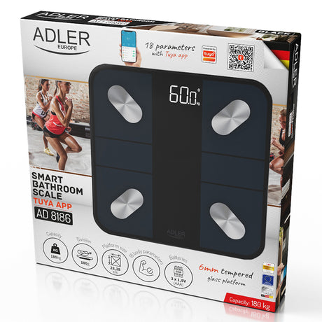 Cantar Smart Tuya Negru Adler AD 8186 cu Bluetooth, afisaj LED si baterie reincarcabila