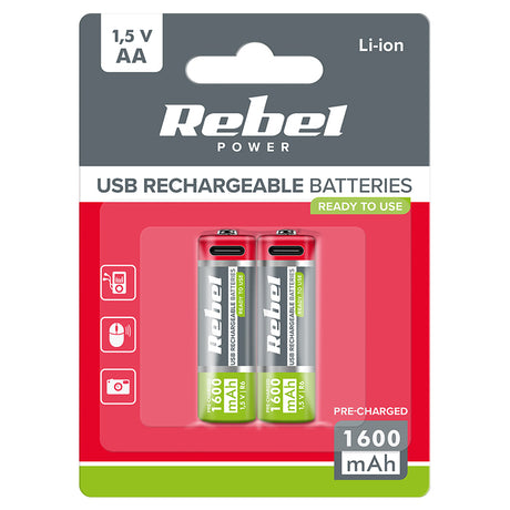 Acumulatori Li-ion Aa R6 -c Blister 2 Rebel Bat 2014 cu baterie 1600 mAh si USB