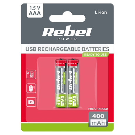 Acumulatori Li-ion Aaa R3 -c Blister 2 Rebel Bat 2015 cu baterie 400 mAh si USB