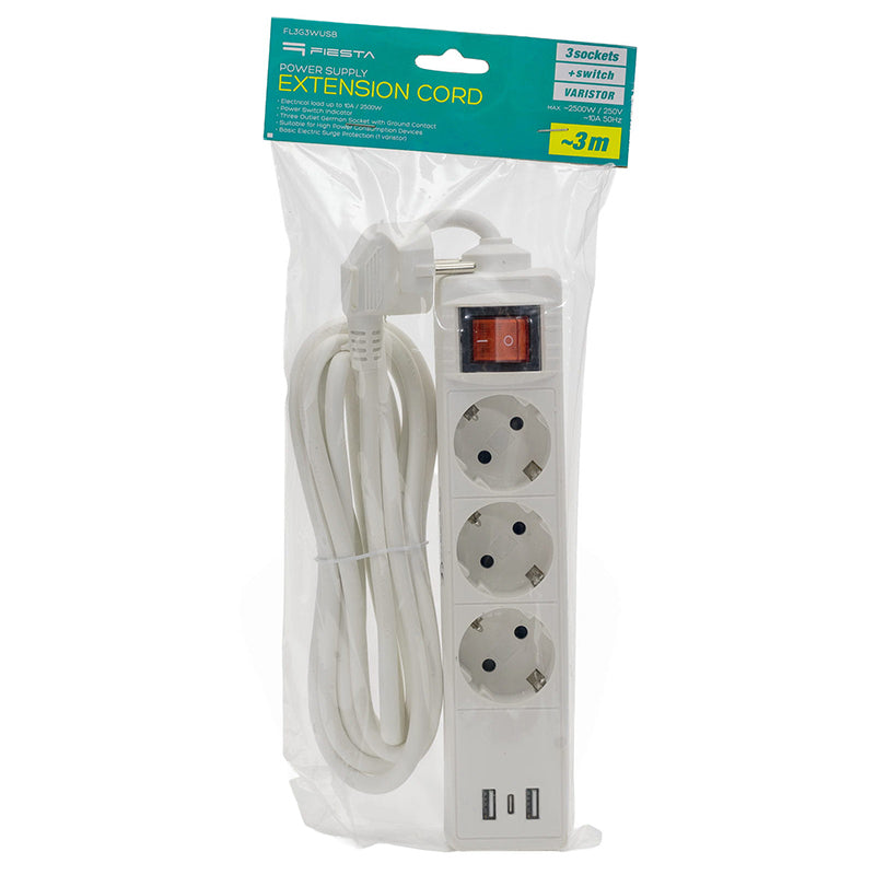 Prelungitor 3 Prize cu Intrerupator si 3m cu USB