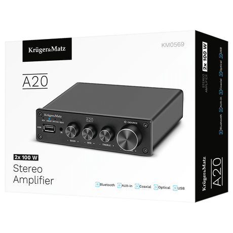 Amplificator Audio Stereo 2x100w & Kruger a 20 cu Bluetooth, USB, Telecomanda si Sunet Stereo