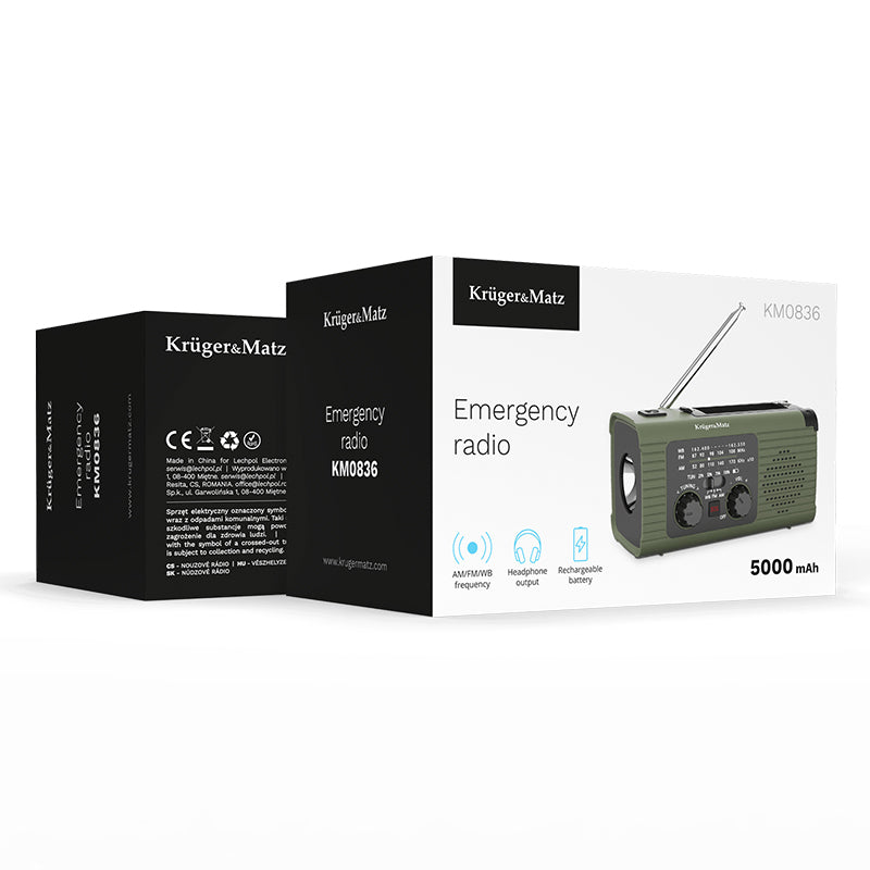 Radio Multifunctional Solar Kruger&Matz, Powerbank 5000 mAh, Lanterna, Lampa de Lucru, SOS, AM/FM/WB