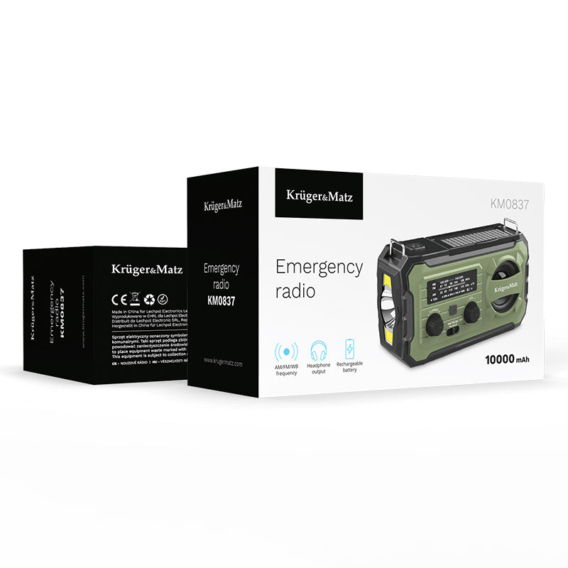 Radio Multifunctional Solar Kruger&Matz, Powerbank 10000 mAh, Lanterna, Lampa de Lucru, SOS, AM/FM/WB