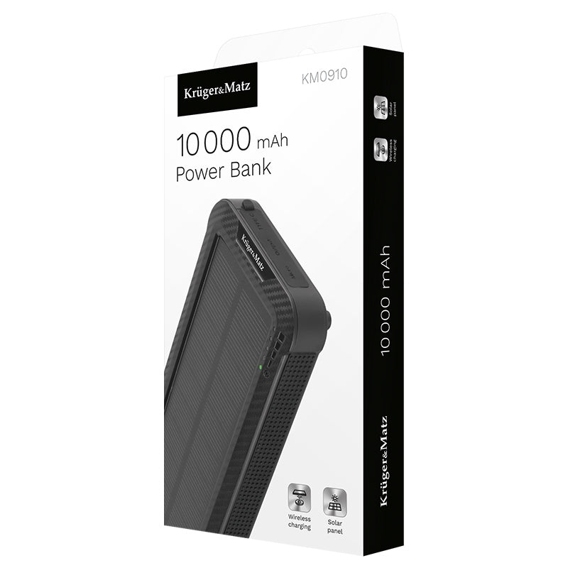 Power Bank Solar 10000 mAh Li-pol & Kruger Km 0910 cu incarcare wireless, baterie 10000 mAh si USB