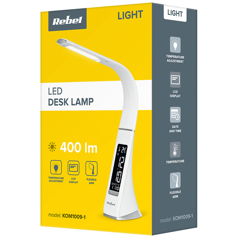 Lampa LED Birou Display Temperatura Rebel Kom 1009-1 cu alarma, afisaj LCD si USB