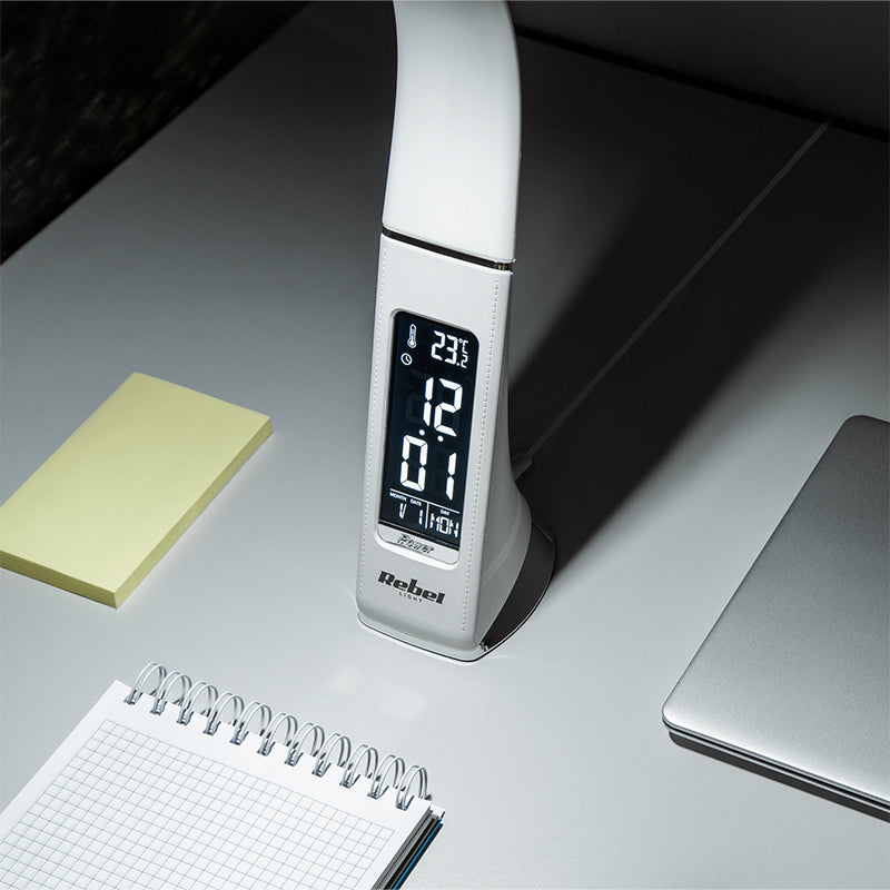 Lampa LED Birou Display Temperatura Rebel Kom 1009-1 cu alarma, afisaj LCD si USB
