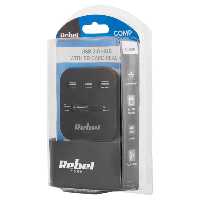 Hub 3x 2.0 si Cititor Card Microsd Rebel Kom 1020 cu USB si Card SD