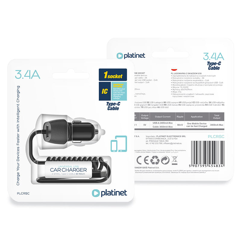 Incarcator Auto Cablu Spiralat 3.4A Type C