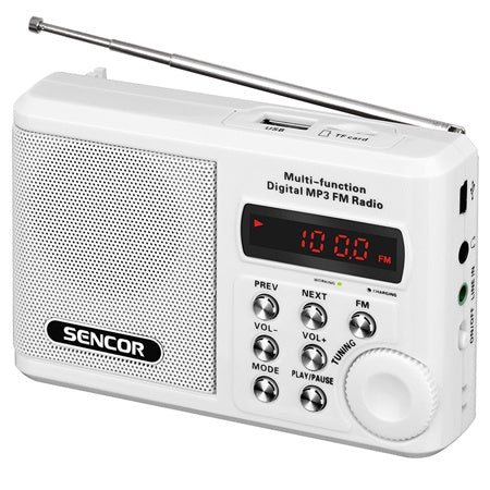 Radio Portabil Micro Alb Sencor cu radio FM, baterie reincarcabila, USB si Card SD