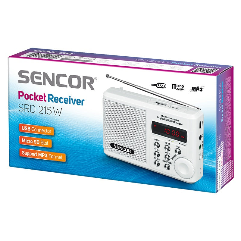 Radio Portabil Micro Alb Sencor cu radio FM, baterie reincarcabila, USB si Card SD