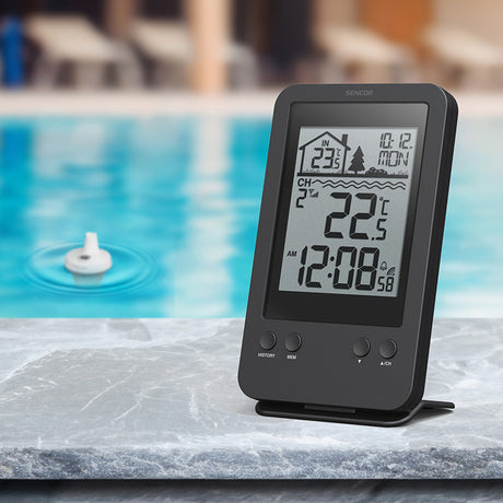 Statie Meteo Senzor Apa Piscina Sencor cu alarma, afisaj LCD, baterie reincarcabila si Rezistenta la Apa