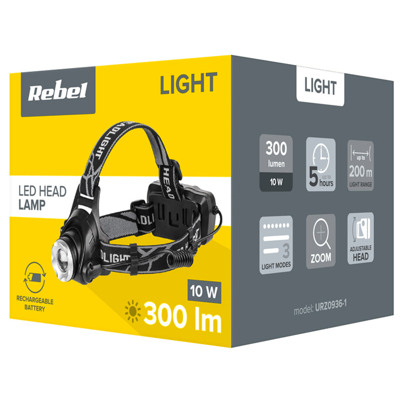 Lanterna Frontala 2x Accu 300lm Rebel LED 10W cu baterie 1500 mAh